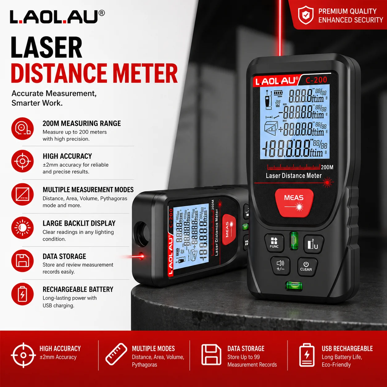 Power Tools Green - Telemetro laser digitale LAOLAU con raggio